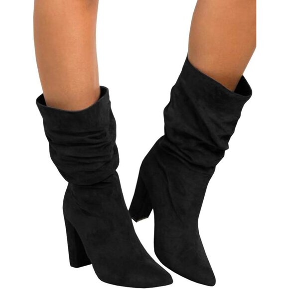 Women's Black Suede Mid Calf High Slouchy Chunky Heel Block Pointed Toe Boots - Picture 1 of 6